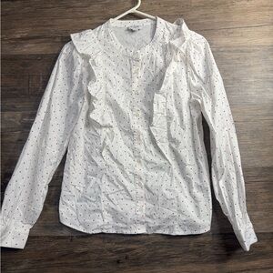 J. Crew White Button-Down Shirt with Red heart Print and Ruffles